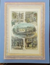 Vecchia xilografia stampa colorata a mano pittoresca Old Abbottsford vedute Scozia