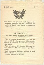 AGRICOLTURA 1881 Regio Decreto per custodia Tavoliere Puglia e boschi  Sardegna