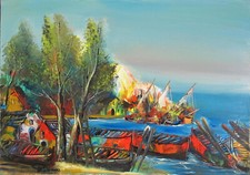 Quadro  "Barche nel porto"  di Antonio Pecoraro - Firmato e Certificato