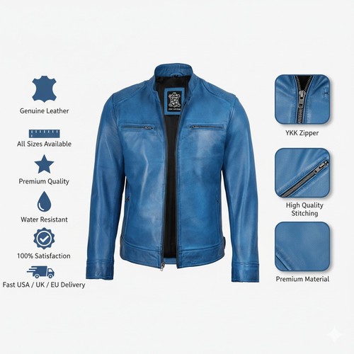 Giacca pelle uomo blu biker