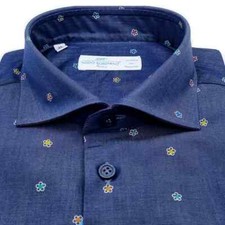 Camicia Uomo Jeans Blu Francese morbido Ricami Fiori Colorati in trama tes Monti