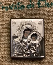 QUADRO ICONA SACRA SU LASTRA ARGENTO 925 Madonna Con Bambino