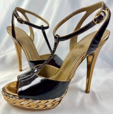 Sandali omaggio taglia 36,5 US 6,5 Saint Laurent nero oro intrecciato plateau vernice