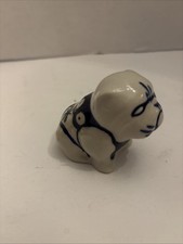 Polish Pottery Bull Dog Ceramic Figurine Blue Green Pattern 7G Poland 2.5x2