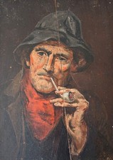 Piccolo Quadro a Olio Ritratto Uomo Con Fischietto Anonimo Antico 24 X 17,5 CM