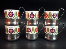 Set 6 tazzine vintage anni 70 ceramica decorata con fiori e supporto in acciaio