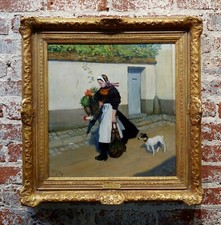 Jacques Wely -woman Con Lei Jack Russel Cane Coming Da The Market-Oil Pittura