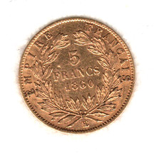 FRANCIA  5  FRANCHI  ORO  NAPOLEONE III°  - 1860