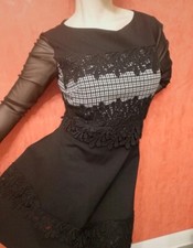 Abito Vestito x's milano donna nero tubino pizzo 44 L maniche bianco Geometrico 