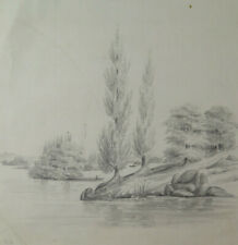 DISEGNO ANTICO OTTOCENTESCO PAESAGGIO BOSCHIVO MATITA CARTA DATATO 1894 BM53.6A