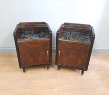 COPPIA DI COMODINI VINTAGE ART DECO IN NOCE ANNI '40 PIANI IN VETRO DECORATO