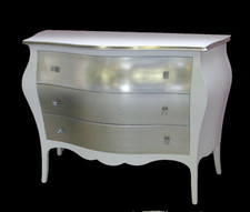 Comò bombato barocco bianco e foglia argento in legno massello