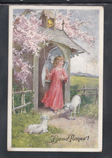 Cartolina Buona Pasqua Angelo che Suona Campana Agnelli Paesaggio Kranzle ZB1116