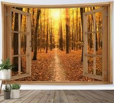 Arazzo da parete in legno per finestra tramonto foresta autunno per soggiorno camera da letto