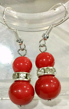 Orecchini pendenti autentico corallo rosso 10 - 8 mm e zirconi argento 925 NUOVI