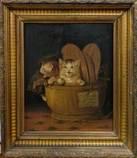 Gatti, dipinto a olio su tavola - Fine XIX / inizio XX sec.