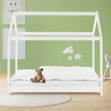 Lettino per bambini basso forma casa in legno bianco con rete a doghe 160x80 cm