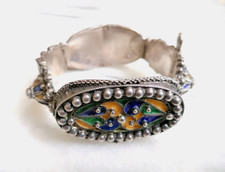 BELLISSIMO ANTICO BRACCIALE BERBERO IN ARGENTO E SMALTI ORIGINALE EPOCA 1900.