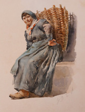 FRANCESCO FILIPPINI BRESCIA 1853  ACQUERELLO SU CARTONCINO CONTADINA CON CESTO