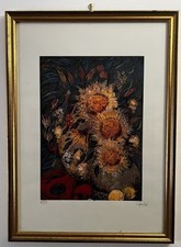 Manuel Campus- Girasoli su fondo nero-Stampa numerata firmata a mano con cornice