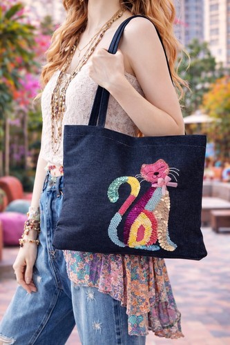 Borsa spalla gatto - gatto, denim