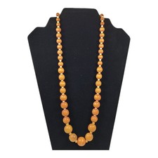 Natural Wood & Plastic Beaded Necklace SIlver Tone Metal 24" Graduated Bohemian