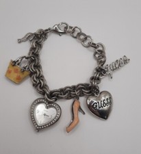 Vintage Guess Charm Watch Chain Link Bracelet Rhinestone Silver Tone 7"