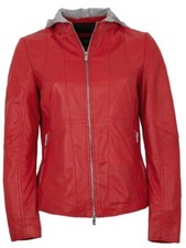 Jilani - Giacca di pelle da donna nappa di agnello cappuccio rosso salsa