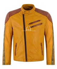 Giacca uomo stile racer vera pelle morbida gialla classica motocross biker jacket