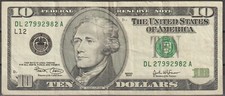Banconota  da 10 Dollari  serie DL 27992982 A - L12 , circolata