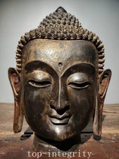 Statua busto testa di Buddha 12,6" antico bronzo tibetano buddismo Shakyamuni Amitabha