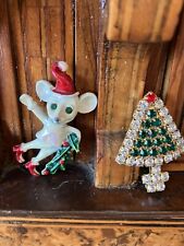 !  Christmas Tree & Santa Klaus Mouse Brooch Spille di Natale Vintage