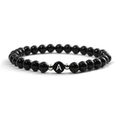 Bracciale con Lettera Perle 6mm Nero e Argento Elastico iniziale nome Uomo Donna