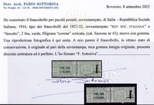W957 R.S.I. – Pacchi Postali, 2 lire sovr. n. 43. Cert. Sottoriva – MNH**