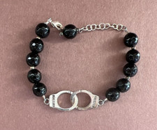 Black Faceted Bead Bracelet with Silver Tone FREEDOM Handcuffs