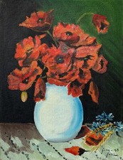 Dipinto A Olio Natura Morta Con Papaveri Bouquet Estivo 1948 Firmato