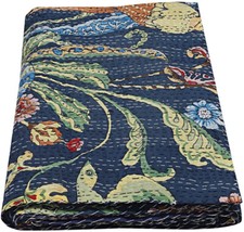 Trapunta Kantha 100% cotone copriletto king size coperta fatta a mano blu navy