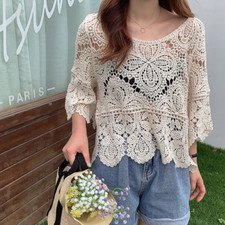 Donna Uncinetto Top Corto Maglia Traforato Pullover Camicia Mezza Manica Pareo A