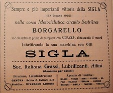 PUBBL.1920 GARA MOTO SIDE-CAR HARLEY DAVIDSON BORGARELLO SESTRIERE OLIO SIGLA 