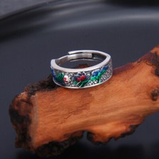 B25 Anello Colorati Pesce E Loto Argento Sterling 925 Regolabile