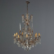 Lampadario Antico Vetro Ferro Dorato 9 Luci Italia XIX Secolo Originale