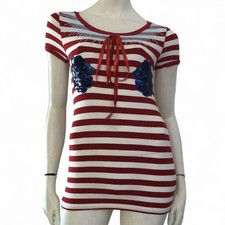 DENNY ROSE Maglia t-shirt rossa bianca righe paillettes blu rose Tg XS