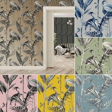 Belgravia Azzurra Palma Foglia Airone Uccelli E Carta da Parati - Vari Colori