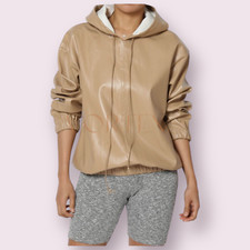 Felpa unisex in vera pelle marrone con cappuccio in vera pelle di agnello fatta a mano slim