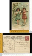 V3993] BUONA PASQUA EASTER - COPPIA DI CHERUBINI ANGELI CON UOVA - RILIEVO 1910