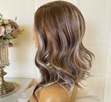 Parrucca in pizzo HD marrone biondo cenere - piccola miscela di capelli umani evidenzia ricci ondulati