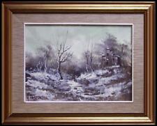grazioso paesaggio invernale di collina boscaglia e rudere innevati olio tela