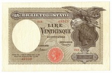 25 LIRE BIGLIETTO DI STATO AQUILA CON BANDIERA SABAUDA 27/09/1923 BB/SPL
