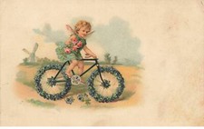 Angeli #MK39520 Un Ange Cherubino Su Un Bici Fiori Rosa Nontiscordardime