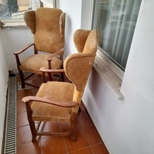 COPPIA DI POLTRONE BERGERE CON LE ORECCHIE IN NOCE E ALCANTARA anni '50 VINTAGE
